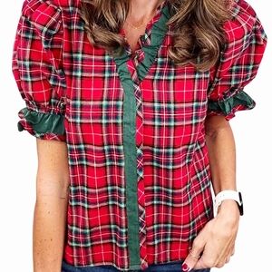 Festive Plaid Ruffle Blouse - Red and Green